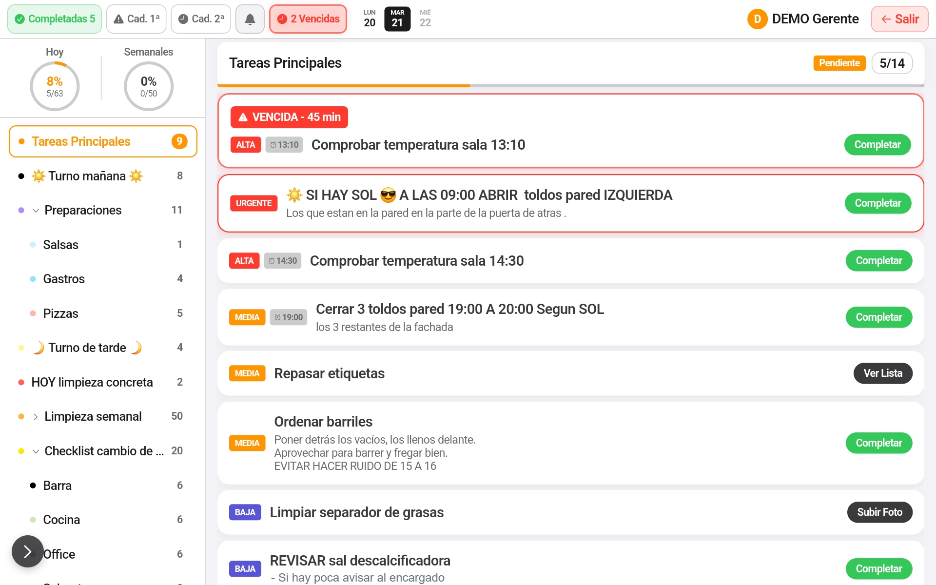 Checklist de tareas del turno
