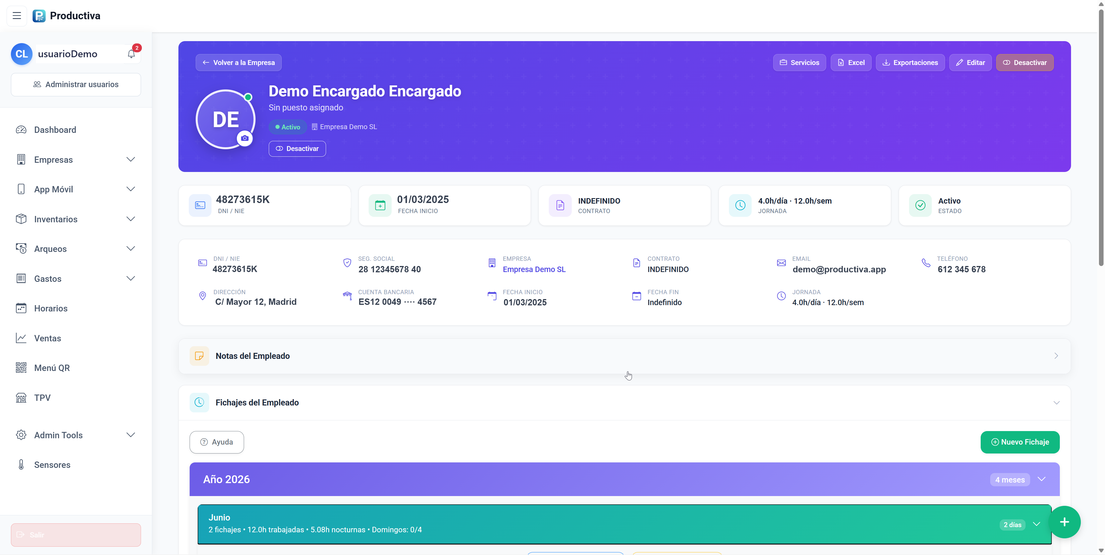Ficha de empleado en el panel web